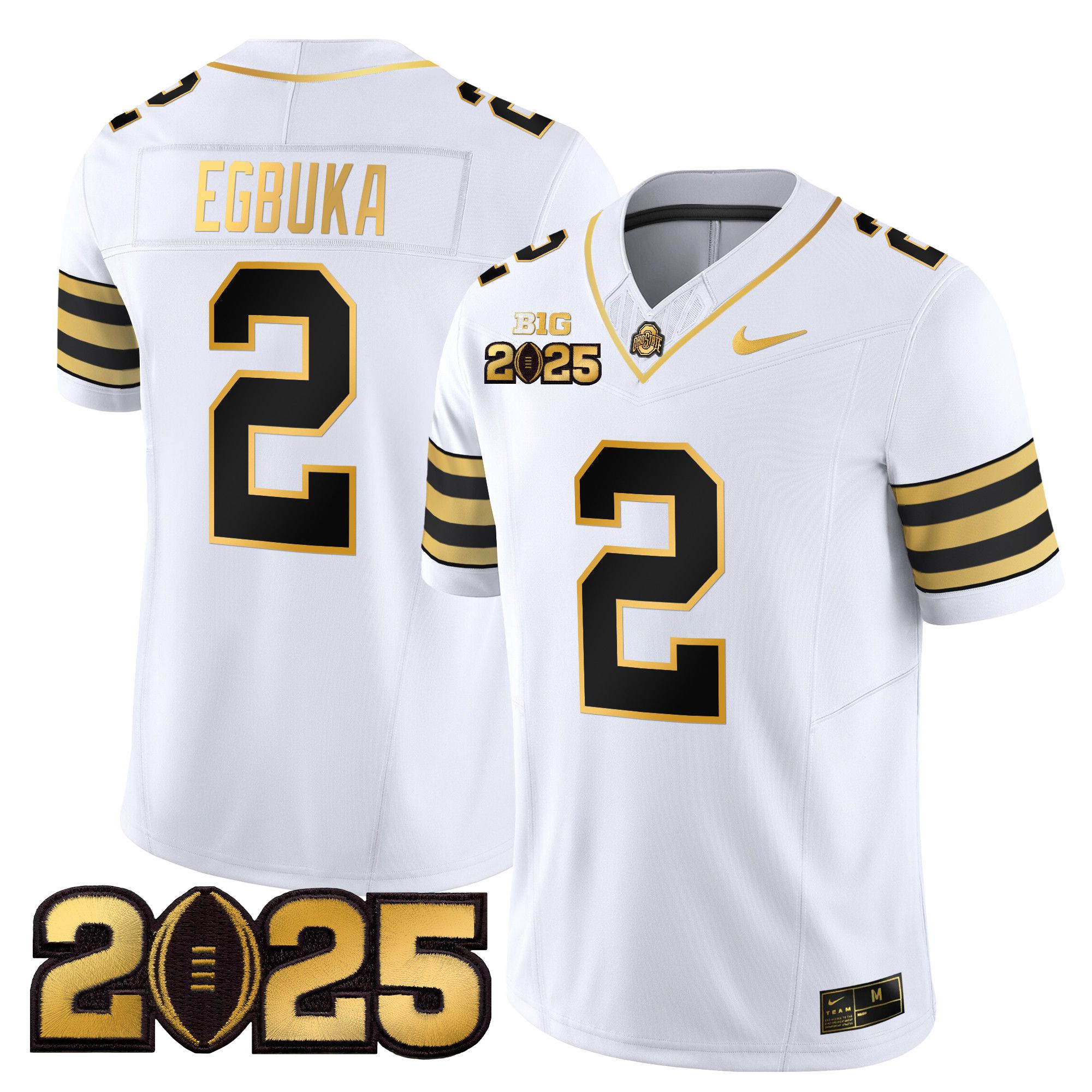 Men Ohio State Buckeyes #2 Egbuka White 2025 CFP Final Patch Gold Vapor Limited NCAA Jersey